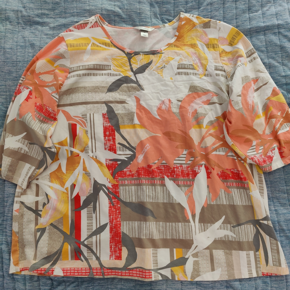 CJ Banks Boxy 3/4 Sleeve Yellow and Orange Blouse 22-24W